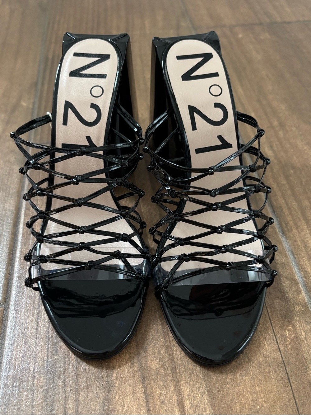 No. 21 Black Patent Strappy Block Heel Mules